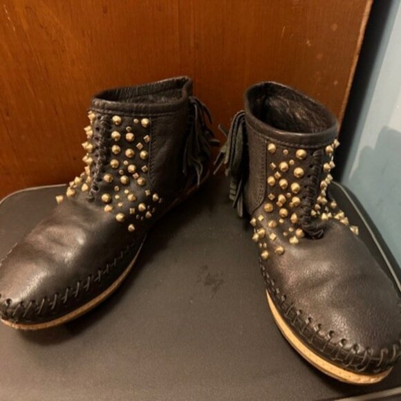 Vintage black leather studded fringe moccasins ankle booties - EU 37 - Picture 6 of 16